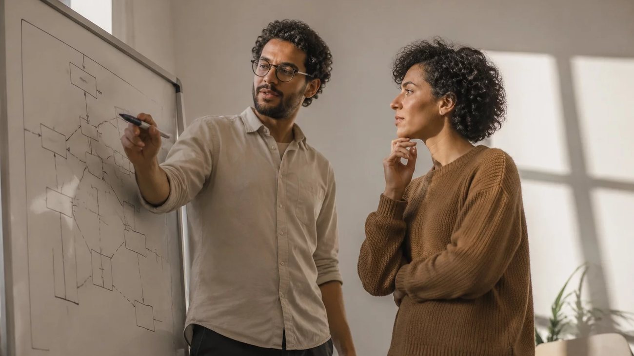 Duas pessoas em frente a um quadro branco com o esqueleto de um argumento rabiscado