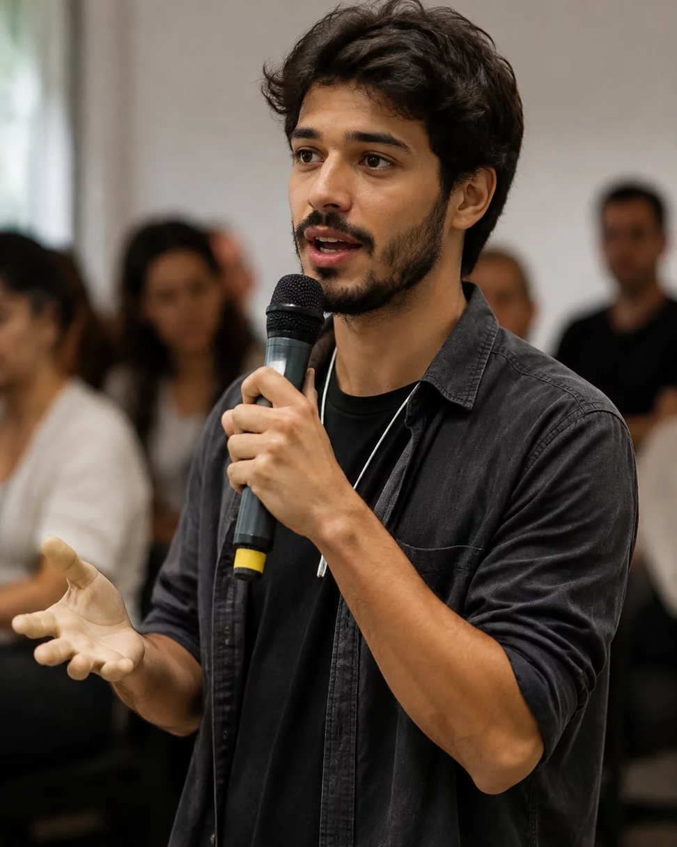 Microfone montado sobre a tribuna, com as cadeiras da plateia fora de foco atrás