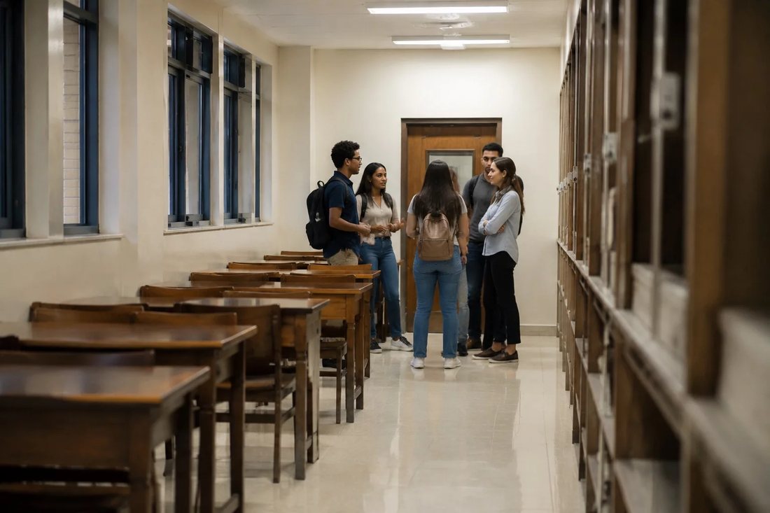 Grupo reduzido lendo teses impressas sentado em volta de uma mesa comprida